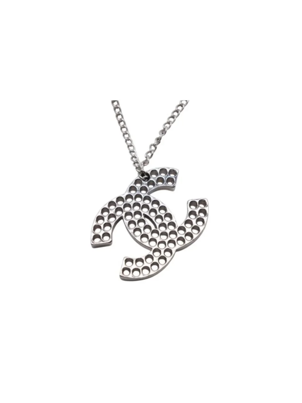 Chanel CC Logo Perforated Necklace Metal Silver